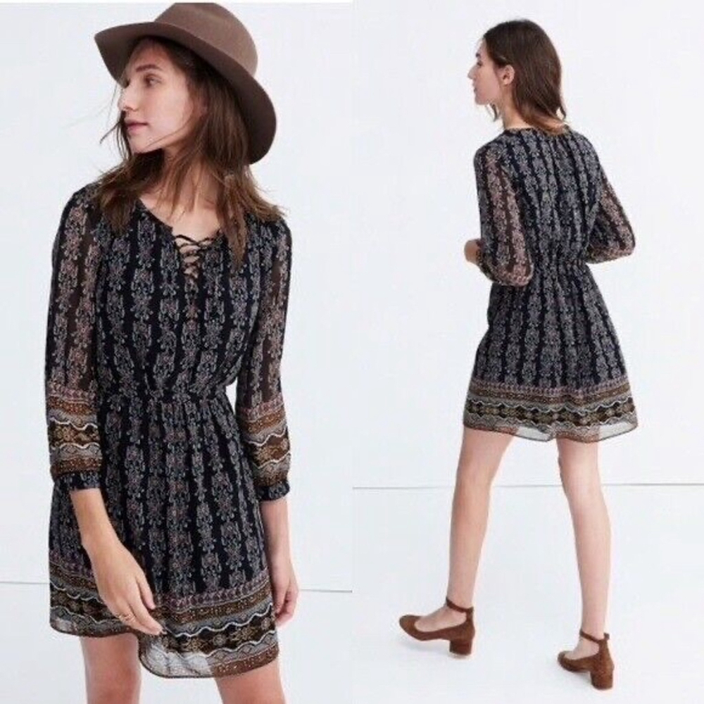 Women’s Madewell Lace Up black boho Dress in Burnished Floral Size 6